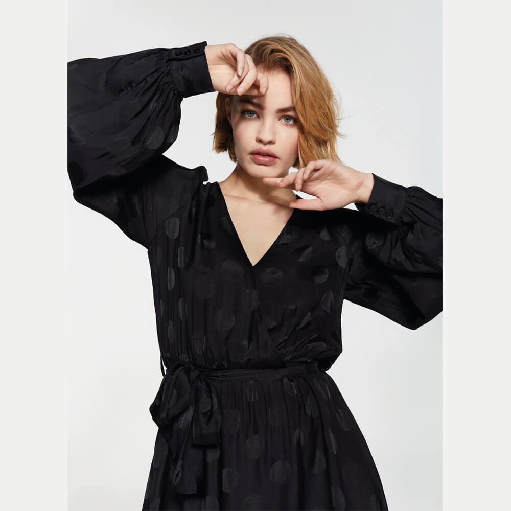 Ladies Woven Dot Jacquard Fake Wrap Dress - Alix The Label